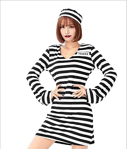 Photo 1 of Adult Striped Prisoner Dress Costume Black White Striped Long Sleeved Uniform Cosplay for Women--SIZE MED