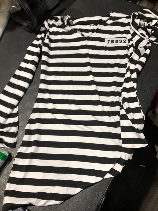 Photo 2 of Adult Striped Prisoner Dress Costume Black White Striped Long Sleeved Uniform Cosplay for Women--SIZE MED