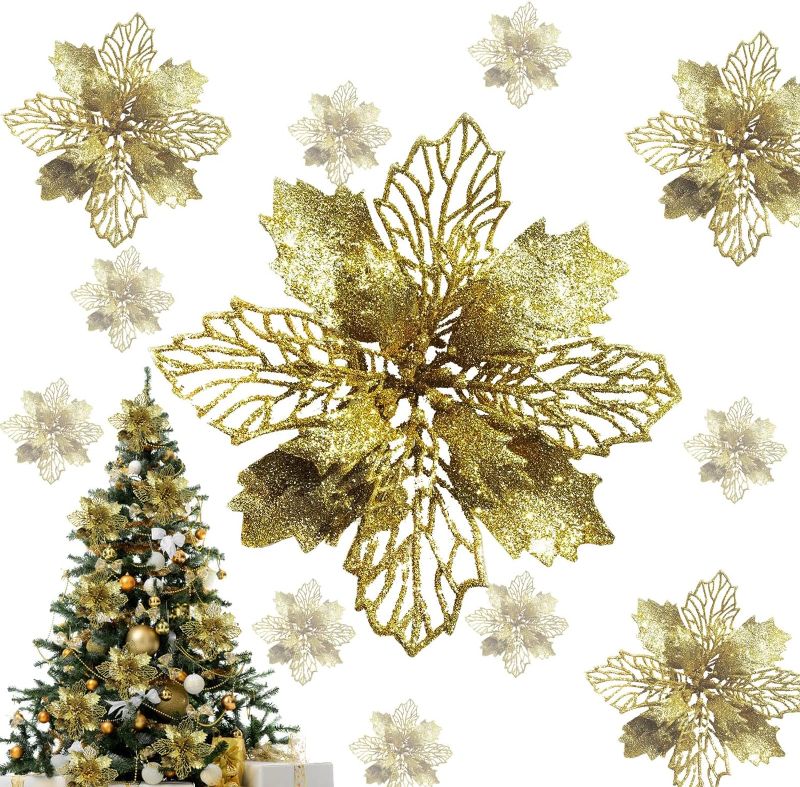 Photo 1 of Yifanplus 12 Pcs Christmas Glitter Artificial Poinsettia Flowers, 6.7 Inch Christmas Tree Ornaments for Christmas Tree/Xmas Wreaths/Wedding/Garland Holiday Decoration (Gold)
