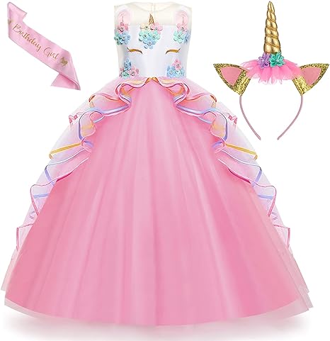 Photo 1 of Chektin Unicorn Dress for Girls Unicorn Costume Pageant Princess Party Birthday Long Maxi Gown with Unicorn Headband Satin 6-7Y