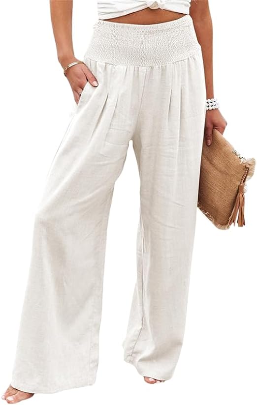 Photo 1 of REDMORE High Waisted Wide Leg Pants for Women Summer Beach Boho Cotton Linen Palazzo Pants Casual Flowy Trousers with Pockets size L