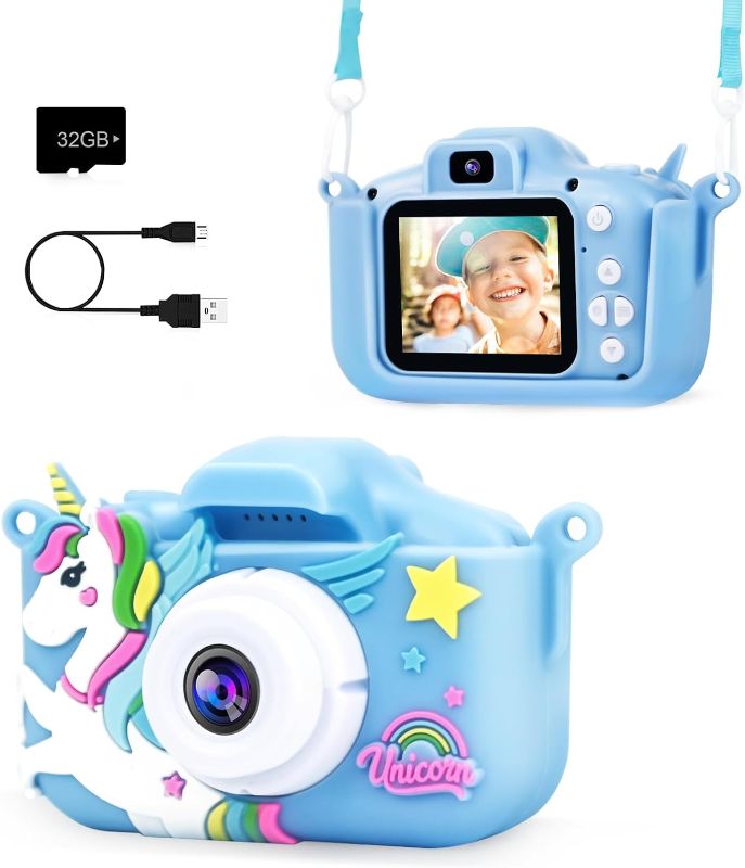 Photo 1 of PROGRACE Kids Camera for Girls - Toddler Dual Camera Toys Portable HD Kids Camera Birthday Christmas New Year Unicorn Gifts for Girls Age 3 4 5 6 7 8-32G SD Card,Blue
