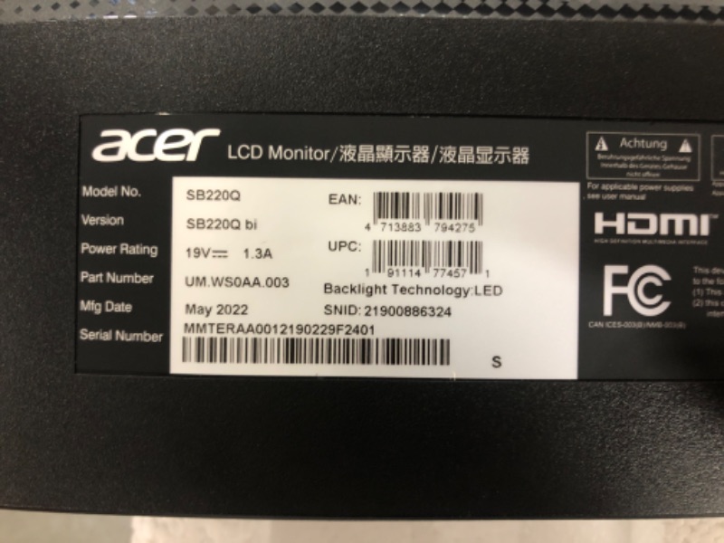 Photo 3 of Acer 21.5 Inch Full HD (1920 x 1080) IPS Ultra-Thin Zero Frame Computer Monitor (HDMI & VGA Port), SB220Q bi