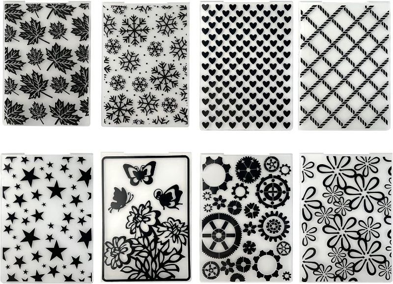 Photo 1 of  8 Pieces Embossing Folders DIY Craft Template Stencil Heart Embossing Machine Template Paper Card Gear Stripe Embossing Stencil for Card Making Flower Scrapbook Photo Album Craft Decoration
STOCK IMAGE FOR COMPARISON PURPOSES ONLY
STYLES MAY VARY

(PLEAS