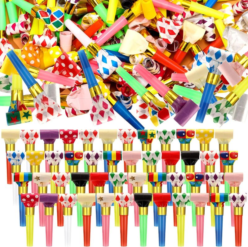 Photo 1 of 200 Pcs Party Horns Noisemakers Party Favors Party Blowers Colorful Birthday Blowouts Horns Whistles for New Years Valentines Day Sporting Events Party Supplies, Multiple Color