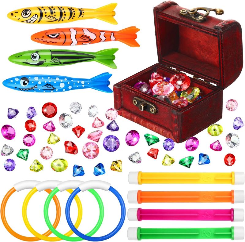 Photo 1 of 43 Pcs Kids Diving Toys Gems Pool Toy Summer Set 4 Pcs Diving Sticks 4 Diving Rings 4 Torpedo 30 Pcs Colorful Swimming Gem and 1 Pcs Treasure Pirate Box for...
