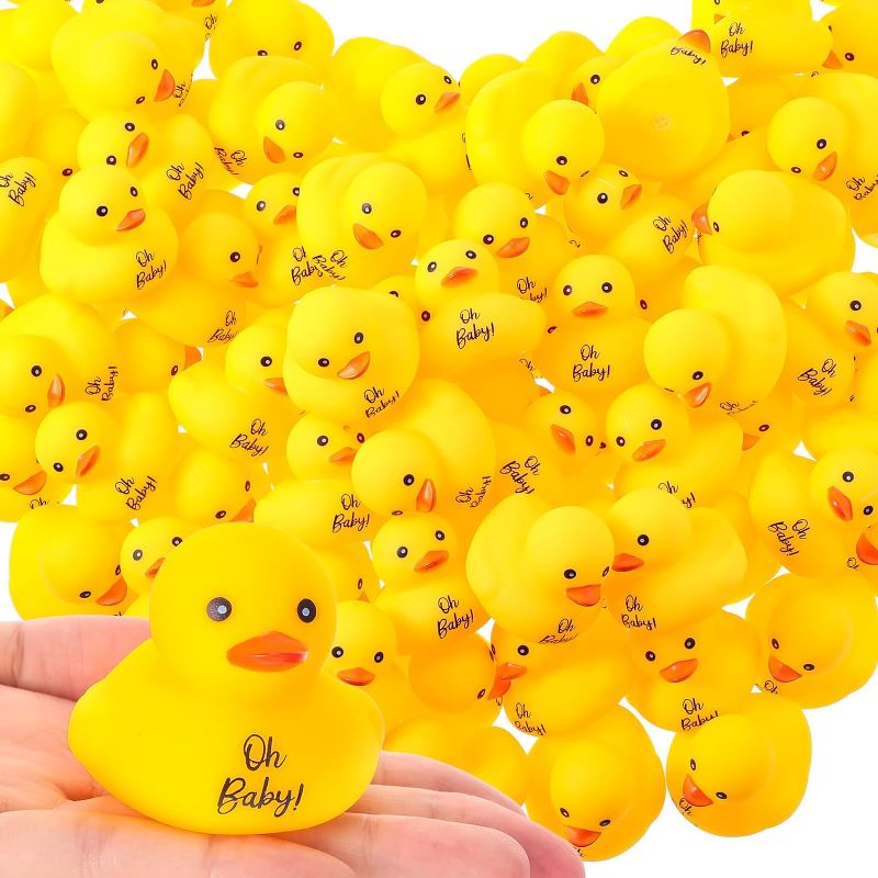 Photo 1 of 100 Pack Yellow Rubber Duck for Baby Shower 1.9 inch Oh Baby Printed Rubber Ducks in Bulk Floater Duck Rubber Duckies Baby Bath Toys for Bath Party Birthday Favors
