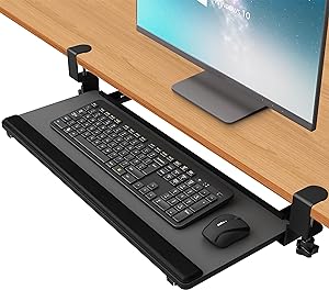 Photo 1 of EQEY Keyboard Tray Under Desk Slide,Clamp On Keyboard Tray Under Desk Keyboard Tray Slide Out with Srdy C-Clamp Mount & Wrist Support Pad Keyboard Drawer for Desk (30 x 10 inch) 
