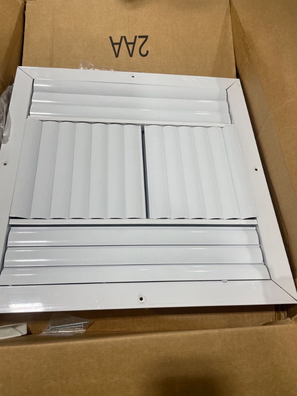 Photo 2 of 14 x 14 inch Ceiling Vent Cover in Aluminum, Air Diffuser HVAC air Supply Vent. 4 Way air Direction with Adjustable Curved Blades. White. The Duct Hole Must Measure 14" x 14" to fit.