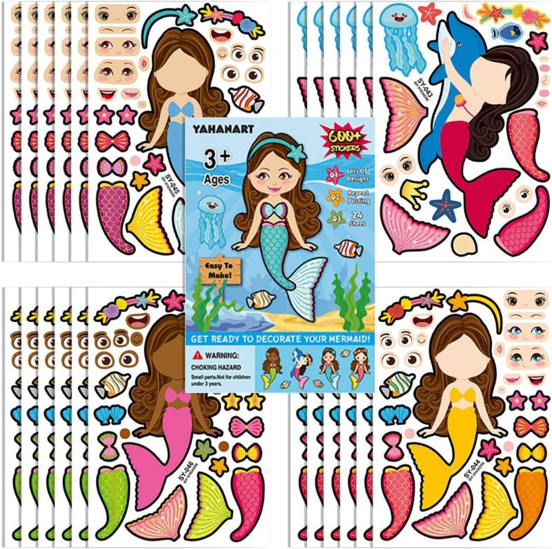 Photo 1 of 24 Pack Make a Face Stickers - Make Your Own Sticker, Mermaid Sticker for Kids Girls DIY Make Creative Mermaids Princess Face 600+ Stickers as Gift of Festival, Reward, Party Favor, Kids Party Favors