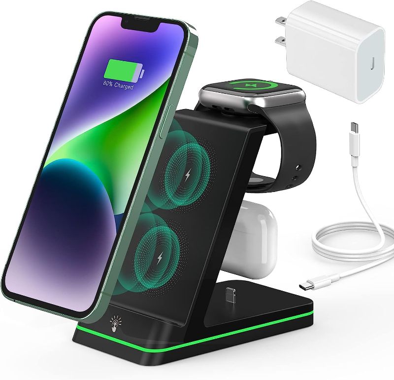 Photo 1 of 
Charging Station for Apple Devices, 3 in 1 Wireless Charger Stand with 20W USB C Adapter Compatible with iPhone15 14 13 12 11 Pro Max 8 XS XR, Fast Charging