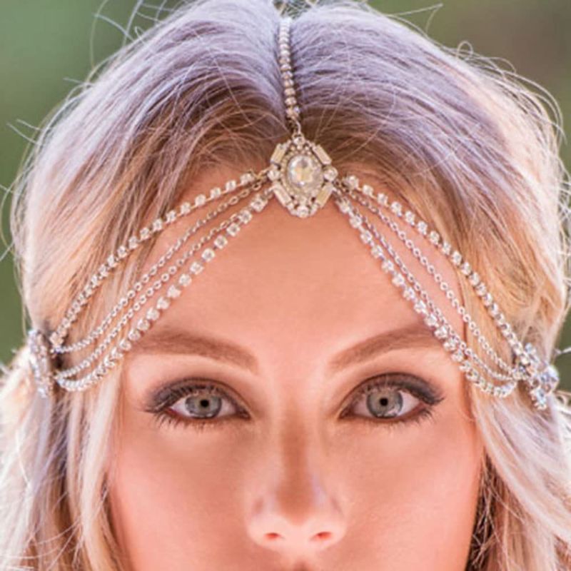Photo 1 of 
Teyglen Boho Gold Silver Dainty Rhinestones Head Chain Wedding Party Prom Vintage Hair Jewelry for Women (Rose Gold)