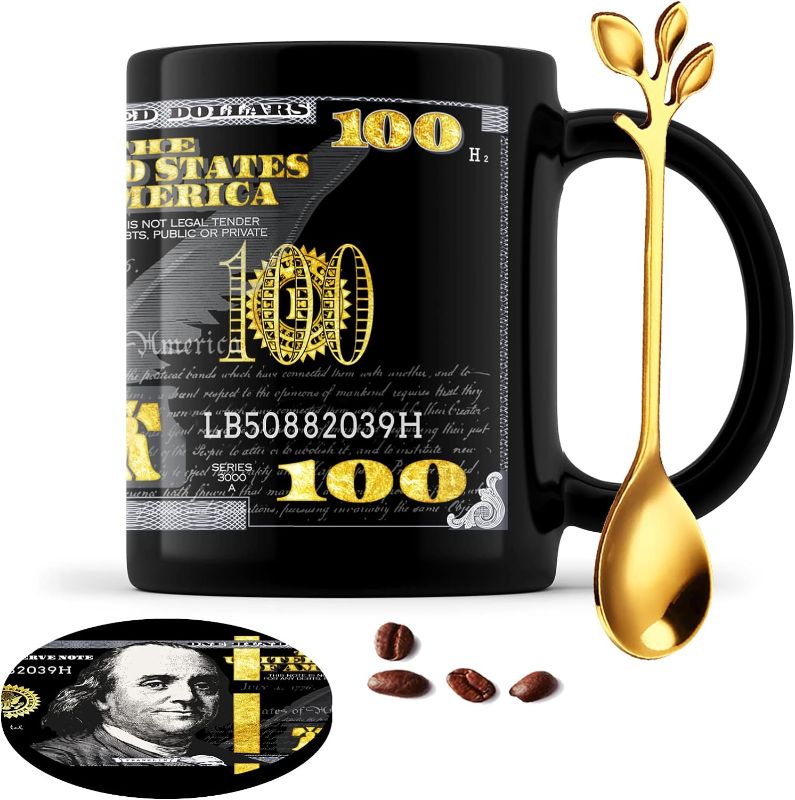 Photo 1 of 
Baisitemugsub 11oz Million Dollar Mug Set including coaster and spoon,Black Gold 100 Dollar Bill Mug Kit,Money Moves Ceramic Mug Gift Set for friends, colleague