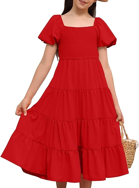 Photo 1 of 3-4t  Meikulo Girls Summer Dress Flowy Solid Color Bubble Sleeve Square Neck Layered Dresses