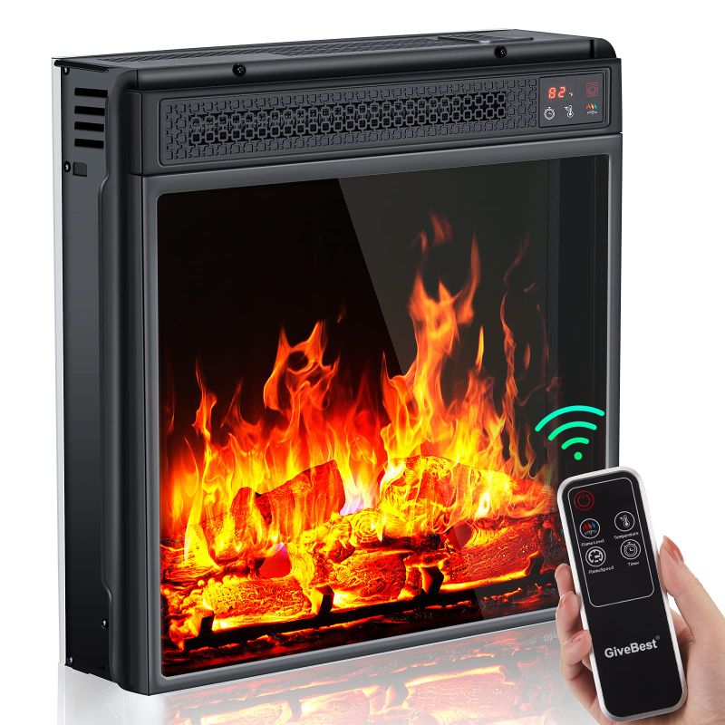 Photo 1 of 18-inch Electric Fireplace with LED Realistic Flame Effect, Small Fireplace Insert with Remote 1H to 9H Timer Safety Overheat Protection, Fireplace Heater for Living Room Home Office, 1400W, Black