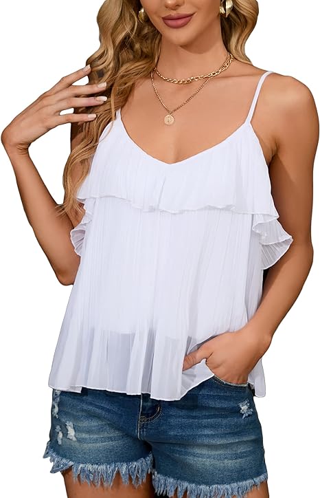 Photo 1 of 2XL  ClearFlower Women's Adjustable Spaghetti Straps Cami Top Pleated Chiffon V Neck Layered Flowy Sleeveless Tank Top