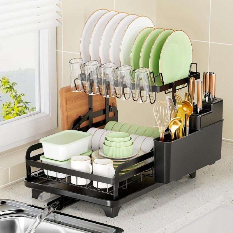 Photo 1 of 
Mr Rabbi Dish Drying Rack, 2-Tier Dish Rack for Kitchen Counter, Dish Drainer Organizer with Utensil Holder, Metal Dish Drying Rack with Drain Board,Black