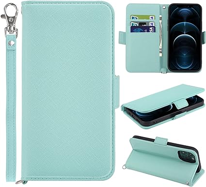 Photo 1 of LAIRTTE iPhone case Wallet Case for iPhone 13 Pro Max Soft Leather iPhone 13 Pro Magnetic Kickstand Shockproof Closure Wallet Flip Case with Credit Card Holder RFID Blocking & Wrist Strap Light Blue
