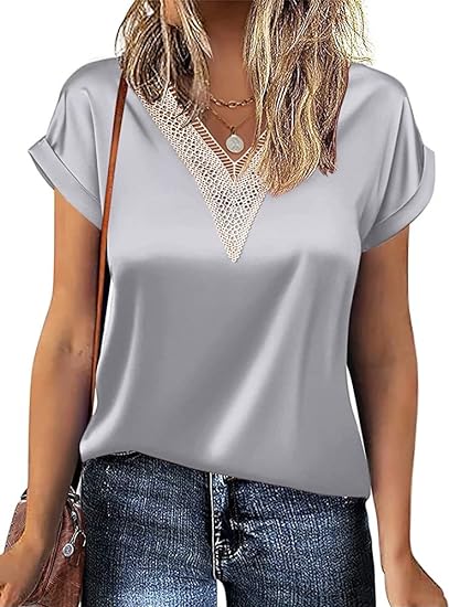 Photo 1 of Bydezcon Women Satin Blouse Silk Top Lace V-Neck Tunic Top Business Casual Office Work Shirt- XL
