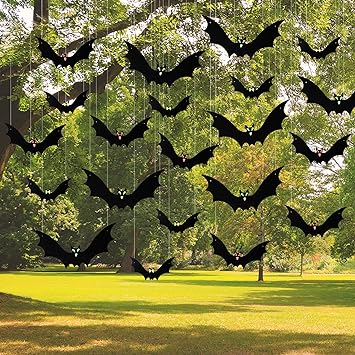 Photo 1 of 21PCS Hanging Bats Halloween Decorations - PUWUTO Large Plastic Halloween Bat Decor, 3 Different Size with Cute Eye Sticker, Halloween Outdoor Indoor Ornaments for Yard Tree Lawn Porch Party Supplies
