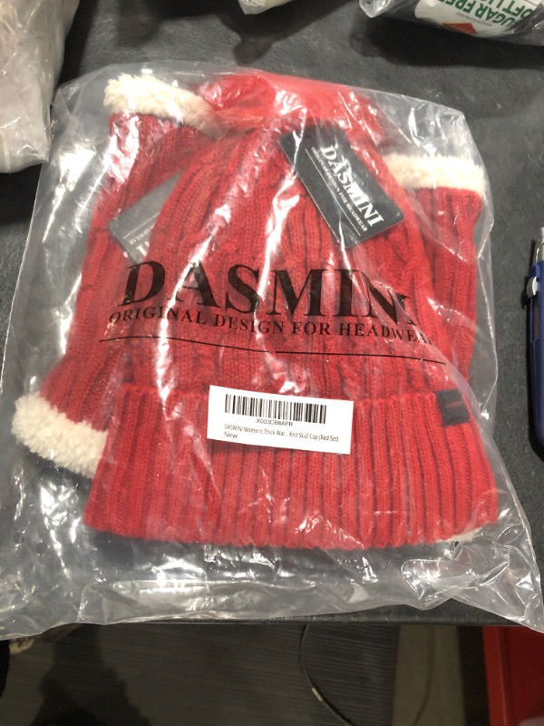 Photo 2 of DASMINI Winter Hats for Women Knit Beanie Stocking Caps with Warm Fleece Lining Removable Faux Fur pom Red Set