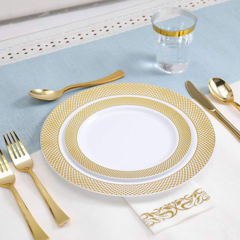 Photo 1 of 175 Piece Gold Dinnerware Set 25 Guest-50 Gold Grid Plastic Plates-25 Gold Plastic Silverware-25 Gold Plastic Cups-25 Linen Like Gold Paper Napkins, FOCUSLINE Disposable Dinnerware Set 175Pack Gold Dinnerware Set