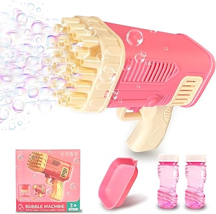 Photo 1 of 2 Small Bubble Gun for Kids - 32 Holes Bazooka Bubble Machine Gun with 2 Bubble Solution Automatic Bubble Maker Blower for Outdoor Play Activity Birthday Party Wedding (Pink) 