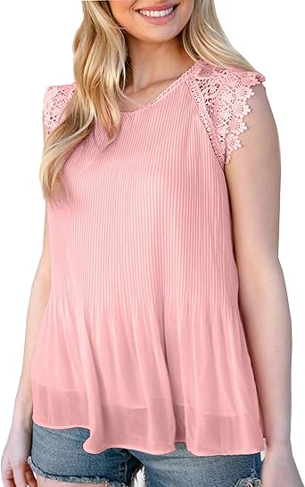 Photo 1 of ClearFlower Women's Lace Sleeve Blouses Chiffon Double Layers Flowy Casual Blouse Tank Tops 