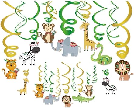 Photo 1 of 30Ct Safari Animals Hanging Swirl Decorations,Jungle Animals Party Supplies, Wild One Birthday Themed Decor for Boys Girls Baby Shower, Tribal Animals 1st Bday Favors
