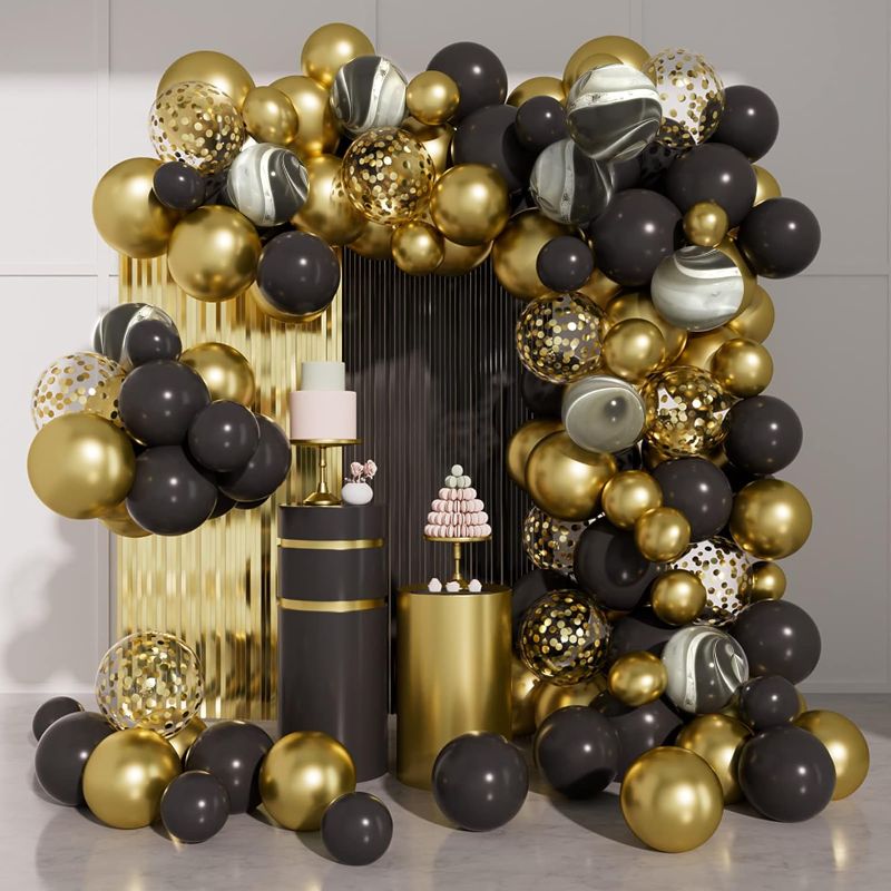 Photo 1 of 
Black and Gold Balloons Garland Arch Kit - Black Metal Gold Black Agate Gold Confetti Balloons Black & Gold Foil Curtain for Graduation Party Baby