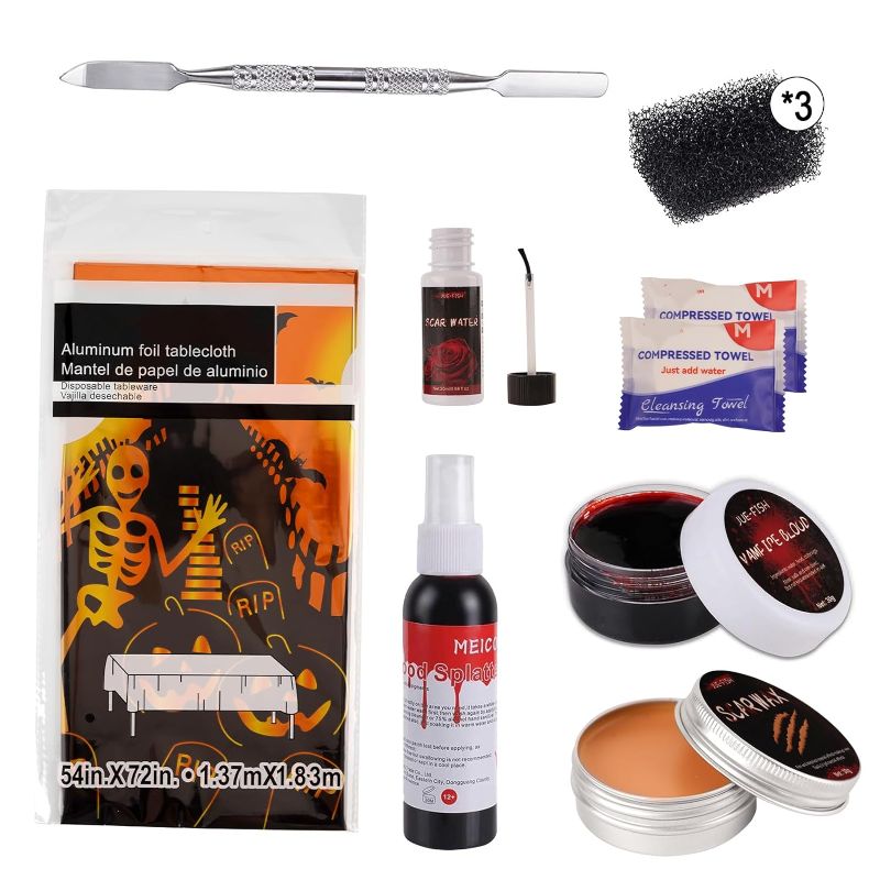 Photo 1 of 
Halloween SFX Makeup Kit Scary Face Special Effects Makeup Kit Fake Blood Spray, Skin Wax, Spatula, Black Stipple Sponge, Coagulated Blood Gel, Castor