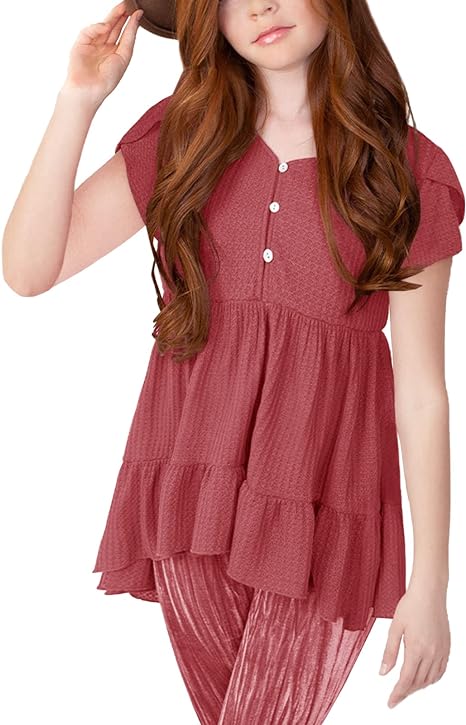 Photo 1 of 10-12YRS Popheartgo Girls Waffle Tunic Tops Babydoll Peplum Flowy Ruffle Blouses Kids Loose Long Sleeve Tops High Low Jumper