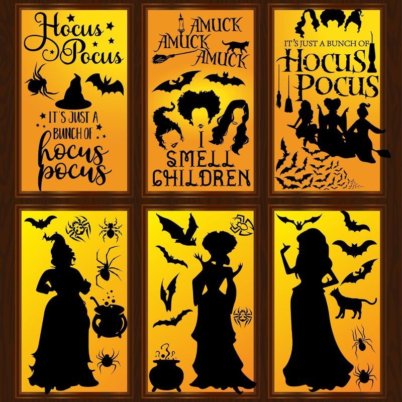 Photo 1 of 2 Pack Bundle of Hocus Pocus Halloween Decorations 8 Sheets Halloween Window Clings Halloween Window Decorations Black Witch Bat Spider Cat Silhouette Window Decal for Halloween Hocus Pocus Theme Party Decorations