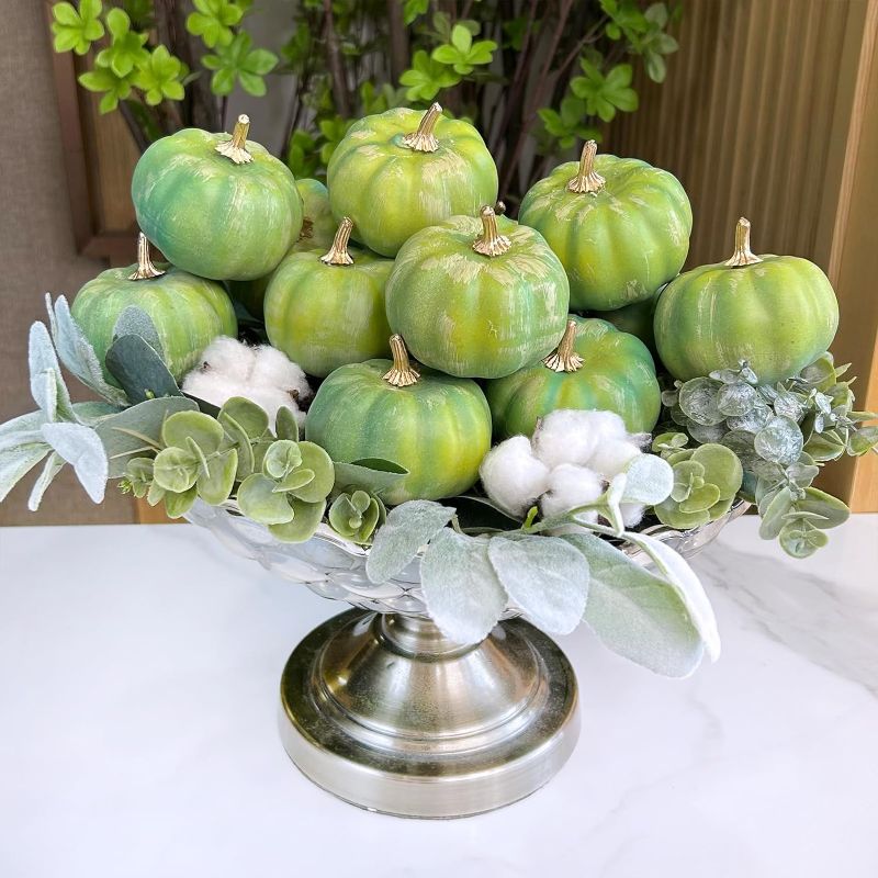 Photo 1 of 12 Pcs Assorted Small Artificial Green Pumpkins Rustic Harvest Decorative Pumpkins Foam Pumpkins for Fall Wedding Baby Shower Halloween Thanksgiving Table Centerpiece Mantel Farmhouse Décor 