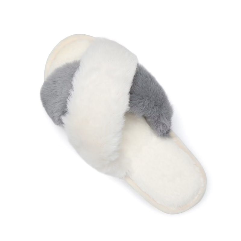 Photo 1 of (7-8) Women's Fuzzy Slippers Slip on Cross Band Slippers Memory Foam House Slippers Open Toe Sandals for Outdoor Indoor?White/Grey