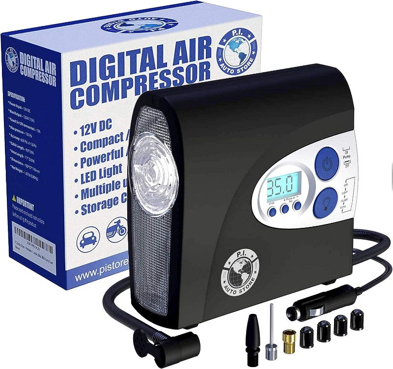 Photo 1 of 12V Air Compressor, PI Store Tire Inflator, Portable Tire Pump, Digital Air Pump With Pressure Gauge, Auto-Shut Off, LED Light For Car Tires, Bicycle, Camping Equipment, and Inflatables Pumping Use