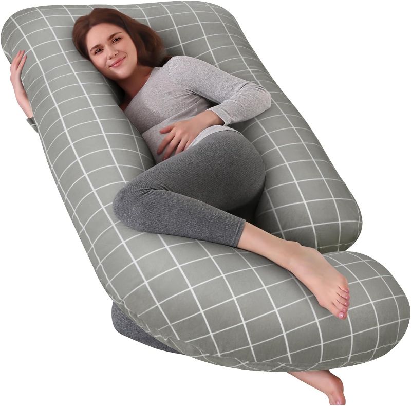 Photo 1 of cauzyart Maternity Pillow for Pregnant Women, Full Body Pillow for Adults with Removable Velvet Cover, Pregnancy Must Have(Grey Color with Checkered Pattern)
