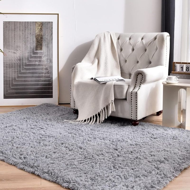 Photo 1 of  Grey Area Rug for Bedroom,4x6 Feet Fluffy Plush Rugs for Living Room,Shag Furry College Dorm Room Rug,Soft Modern Faux Fur Fuzzy Carpets for Kids Boys Room Decor