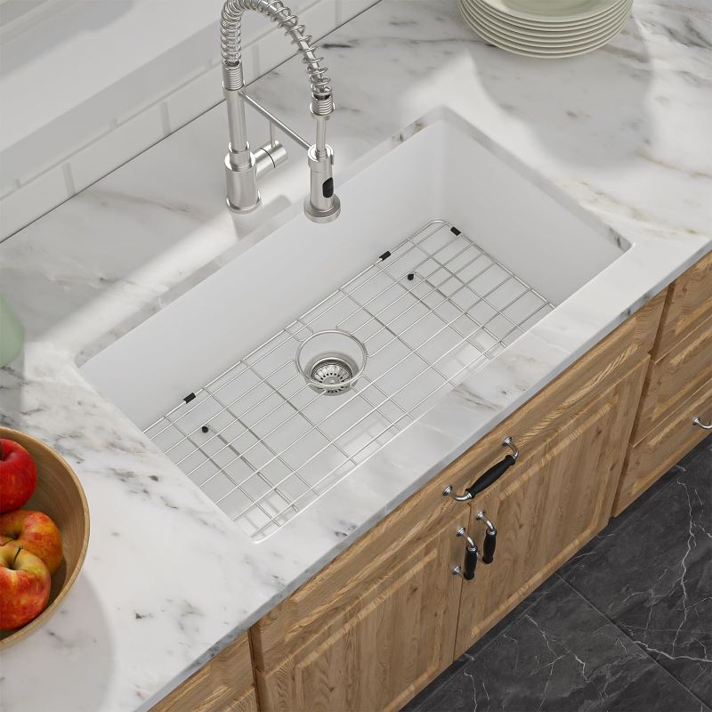 Photo 1 of 33 Granite Composite Kitchen Sink - Donsdey 33”×19” Undermount Granite Sink Black Quartz Classic Composite Under Counter Single Bowl Sink Basin 33"x19"x9.7" WHITE