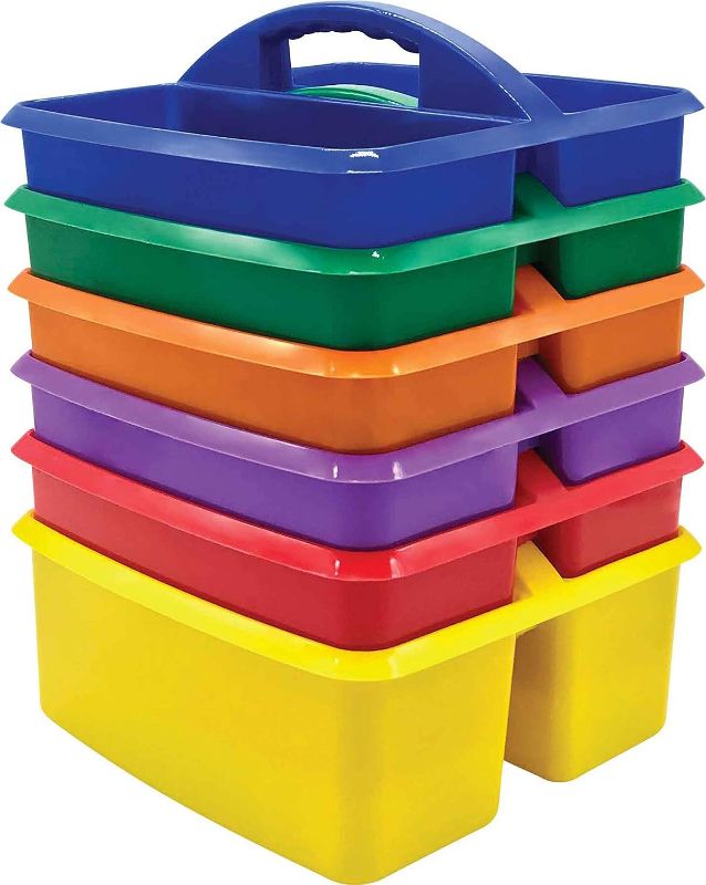 Photo 1 of  Teacher Created Resources Assorted Primary Colors Portable Plastic Storage Caddy 6-Pack for Classrooms, Kids Room, and Office Organization, (Blue, Green, Orange, Purple, Red and Yellow) 3 Compartment 