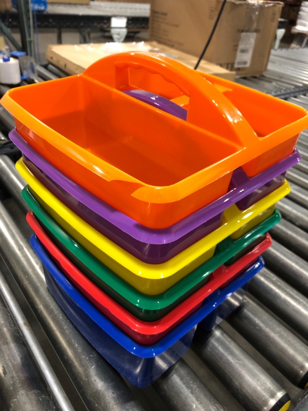 Photo 2 of  Teacher Created Resources Assorted Primary Colors Portable Plastic Storage Caddy 6-Pack for Classrooms, Kids Room, and Office Organization, (Blue, Green, Orange, Purple, Red and Yellow) 3 Compartment 
