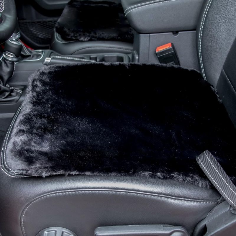 Photo 1 of  XYZCTEM Soft Genuine Sheepskin Car Seat Cushion, Soft Wool Seat Pad Warm for Car and Office Chair Non-Slip Universal Fit,19.2 inch x19.2 inch (Front seat Cushion 2pc,Black) 