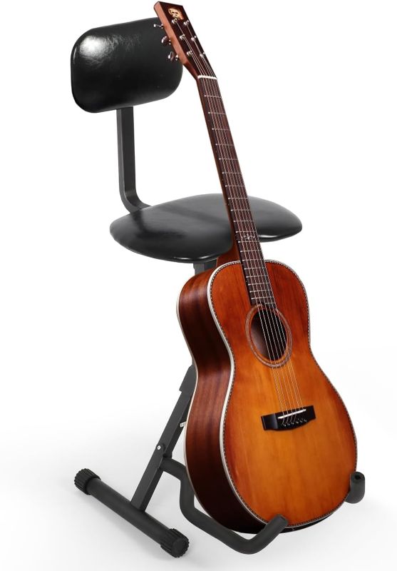 Photo 1 of  MYOYAY Guitar Performance Seat Ergonomic Padded Backrest Adjust Height Cushioned Seat Footrest Guitar Stand Chair Collapsible Design Guitar Stool Seat with Guitar Holder 180 Lbs Max Load Capacity 