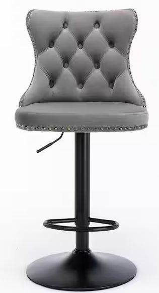 Photo 1 of 45.6 in. Gray Low Back Metal Height Adjustable Bar Stools with Velvet Seat and Black Base (Set of 2)