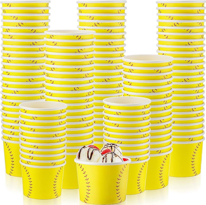 Photo 1 of 100 Pieces Baseball Softball Paper Ice Cream Cups 8oz Disposable Dessert Soup Snack Bowls Baseball Softball Party Supplies for Sundae, Yogurt, Appetizer, Baseball Softball Party Decorations (Yellow)