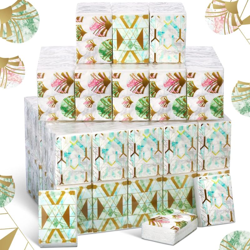 Photo 1 of 120 Packs Facial Tissues 3 Ply Pocket Tissues Geometric Print Travel Tissues Small Individual Tissue Packs Soft Paper Pocket Packs Facial Tissues for Purse Car Face Holiday Traveling Wedding 