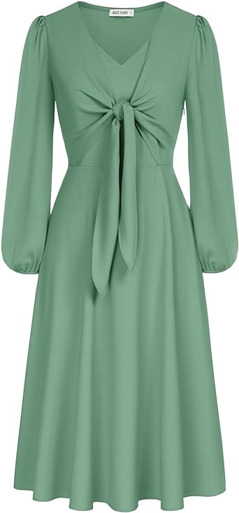 Photo 1 of 2XL GRACE KARIN 2023 Women's Tie Front V Neck Dress Casual Long Sleeve High Waist Flowy A-Line Midi Dress
