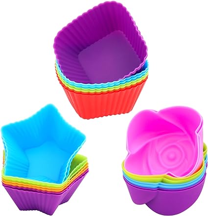 Photo 1 of 24 PCS Silicone Cupcake Liners, 3 Shapes of Reusable Silicone Muffin Cups (Round, Square, Star), Multi-color Silicone Baking Cups for Lunch Box Dividers… 