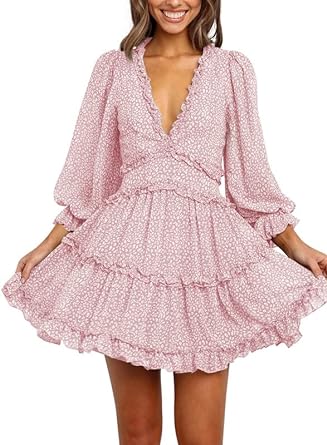 Photo 1 of Astylish Womens Sexy Deep V Neck Tie Knot Ruffle Long Sleeve Floral Print Mini Dresses SIZE XL