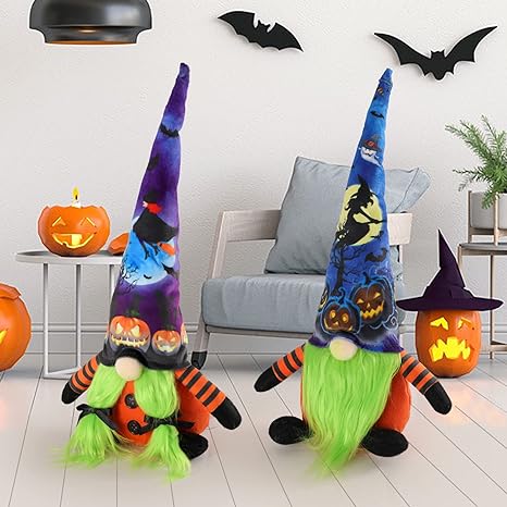 Photo 1 of Beje star 2pcs Halloween Gnomes Decorations Handmade Witch Tomte Nisse Tomte Swedish Gnomes hat String Lights LED Halloween Plush Party Home Table Decorations 